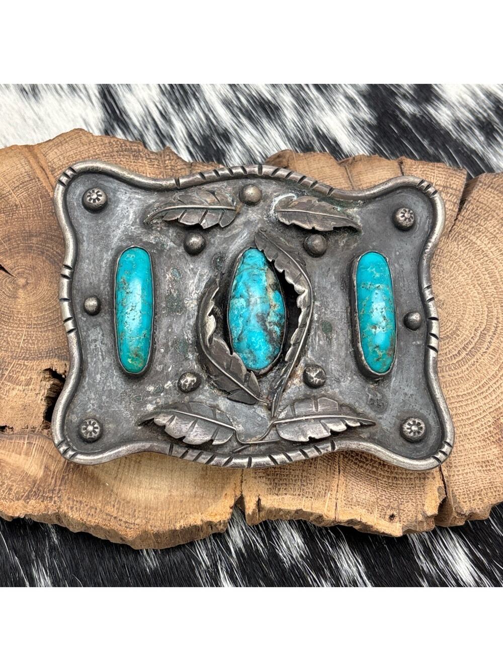 1950s Native American NAVAJO Sterling & Turquoise Belt Buckle Leaves Raindrops
